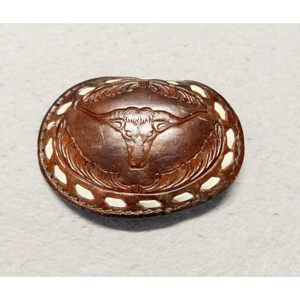 Leather Tooled Western Belt‎ Buckle Long Horn Rodeo Cowboy